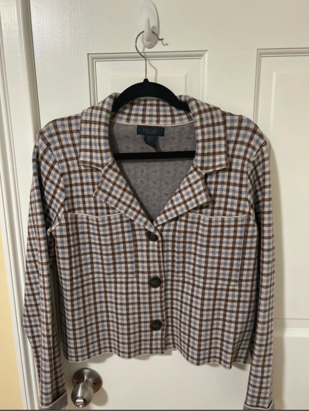 RACHEL Rachel Roy Light Blue and Brown Plaid Blazer Jacket